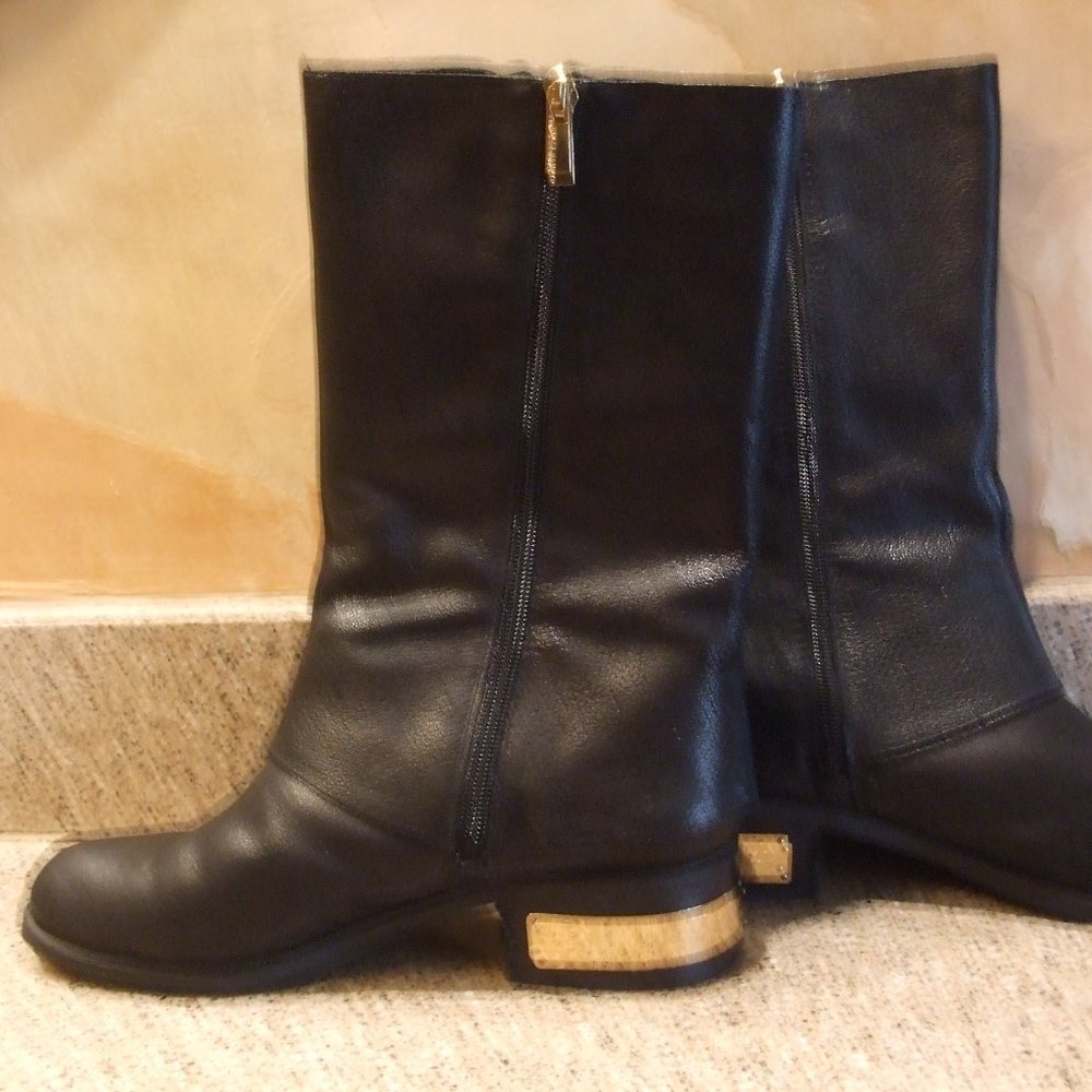 Vince Camuto Black Heeled Boots with Gold Accent
